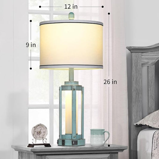 Farmhouse Lamps Set of 2, 26" Vintage Rustic Industrial Beside Lamps with USB A+C Charging Ports & AC Outlet, Nightstand Metal Lamp with LED Night Light & Fabric Shade for Living Room Bedrooms Blue