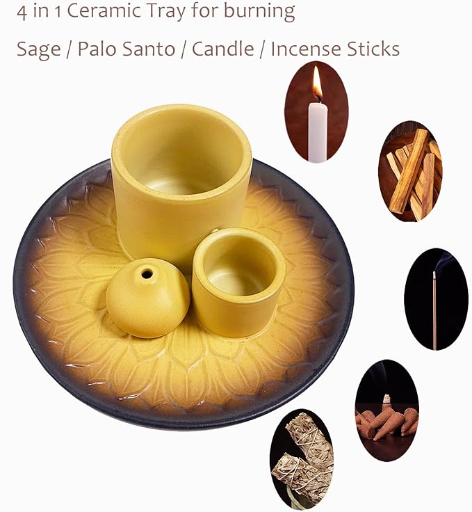 4 in 1 Multifunctional Ceramic Incense and Candle Holder with Ash Catcher Tray Suit for Burning White Sage, Palo Santo Sticks (Brown)