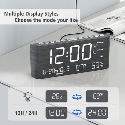 Mesqool Digital Alarm Clock, with Calendar Temperature and Humidity, Loud Volume, Dual Alarm, USB and Type-C Charging Ports, Dimmer, 12/24H, Snooze, Stylish Wood Grain Pattern Digital Clock for Décor