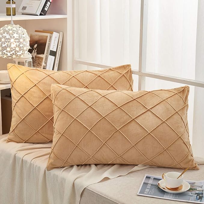 JAUXIO Diamond Pinch Pleated Crystal Velvet Pillowcases 2 Pack Solid Pintuck Throw Cushion Cover for Home Decor Hidden Zipper Closure (Camel, Standard)