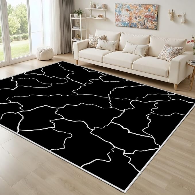 Abstract Rugs for Living Room - Modern Washable Area Rug, 4x6 Abstract Black and White Rug, Minimalist Rugs,Carpet Non Slip Home Decor