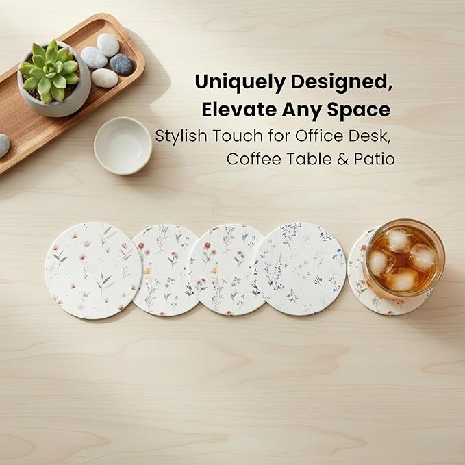 Ceramic Absorbent Coasters Set of 6 with Holder, Marble Drink Coasters for Coffee Table, Water Absorbing Coaster (Floral)