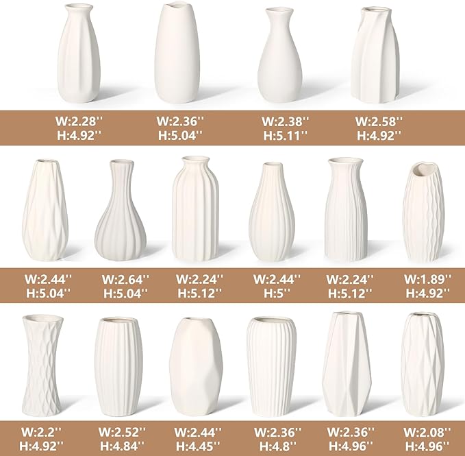 BEAHOT Ceramic Bud Vases Set of 16 - Matte White Mini Ceramic Bud Vases Collection: Non-Repeating Modern Boho Centerpiece - Small Unglazed Jars for for Weddings, Home, Shelf Decor