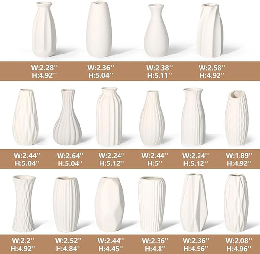 BEAHOT Ceramic Bud Vases Set of 16 - Matte White Mini Ceramic Bud Vases Collection: Non-Repeating Modern Boho Centerpiece - Small Unglazed Jars for for Weddings, Home, Shelf Decor