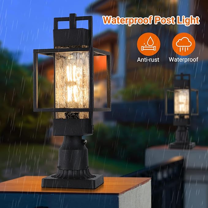 18" H Dusk to Dawn Outdoor Post Light Fixture Hardwired 120V, Waterproof Aluminum Pole Light with Pier Mount Base, Matte Black Exterior Lamp Post Lantern with Water Glass for Garden Yard Patio Path