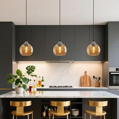 Amber Glass Pendant Lights Kitchen Island Globe Pendant Light Fixtures Modern Pendant Lighting for Bedroom Living Dining Room Light Fixture (5.9 in, 1 Pack)
