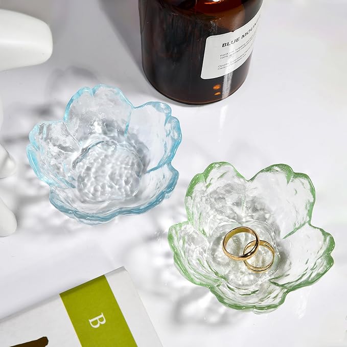Cherry Blossom Glass Ring Holder Dish, Decorative Jewelry Trinket Rings Earrings Keys Storage Organizer Tray(Sky Blue)