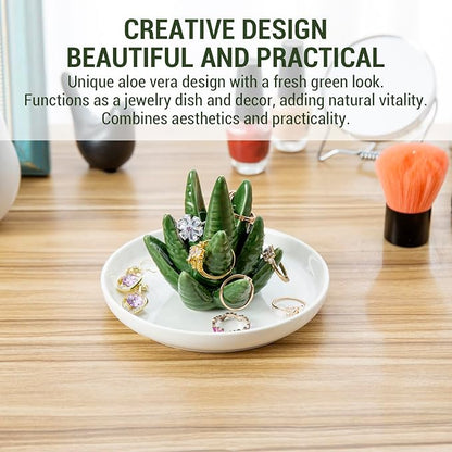 MyGift Decorative White Ceramic Ring Tray for Jewelry, Ring Cone and Trinket Tray with Raised Heart Design (Ceramic Aloe)