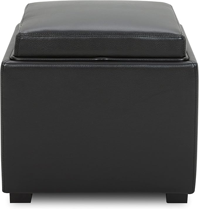 CHITA Storage Ottoman Cube with Tray Lid, Small Footstool with Storage, Square End Table for Living Room and Bedroom, Faux Leather in Black