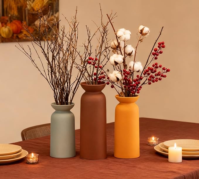 Modern Ceramic Vase for Home Decor Farmhouse Vases Set of 3 Terracotta Decorative Pottery Boho Grass Living Room Kitchen Bedroom