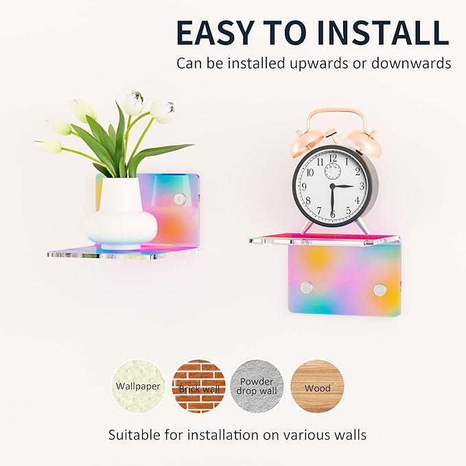 Sezanrpt 4 Inches Iridescent Small Wall Shelves, 4mm Thickness Acrylic Small Floating Shelf for Figures, Plants, Security Cameras, Speakers, Moisture-Proof, 2 Pack