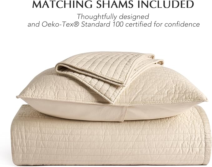 EVERGRACEHOME Cotton Sateen Quilt Set King Size, Pre-Washed Cotton Channel Stitch Coverlet Bedspread, 3 Pieces Lightweight Soft Bedding Sets for All Season, with 2 Pillow Shams, Light Sand