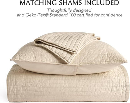 EVERGRACEHOME Cotton Sateen Quilt Set Queen Size, Pre-Washed Cotton Channel Stitch Coverlet Bedspread, 3 Pieces Lightweight Soft Bedding Sets for All Season, with 2 Pillow Shams, Light Sand