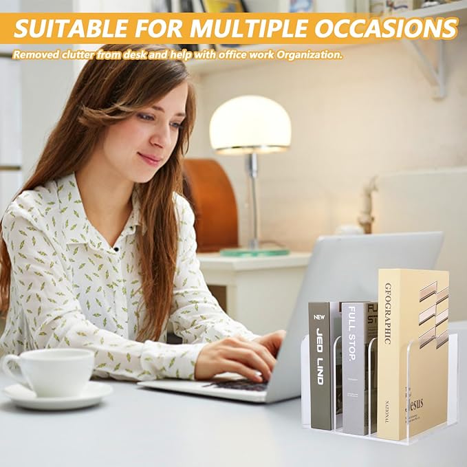 Acrylic Magazine Holder Desk Organizer Workspace Sorters，Clear Bookend File Sorter Holder，Folder Rack, Office Accessories Organization Storage with 3 Vertical Compartments