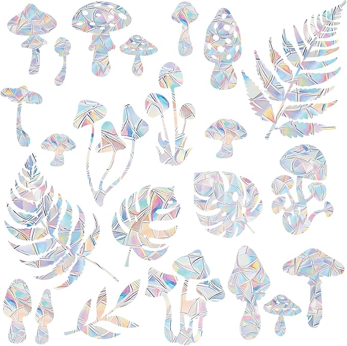 31 Pieces Mushroom Leaves Sun Catcher Window Clings for Glass Windows, Anti-Collision Stickers Decals Prevent Bird Strikes,Rainbow Prismatic Window Clings Non Adhesive
