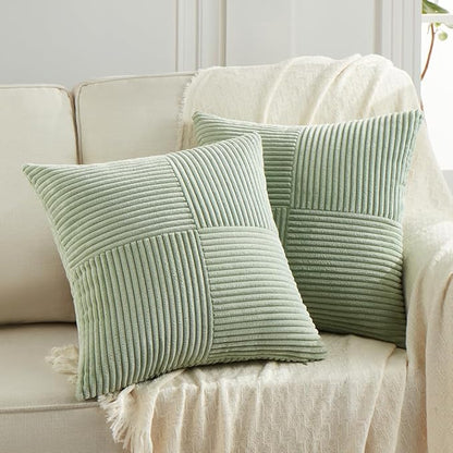 Fancy Homi 2 Packs Sage Green Decorative Throw Pillow Covers 16x16 Inch for Living Room Couch Bed, Rustic Farmhouse Boho Home Decor, Soft Corss Patchwork Corduroy Textured Square Cushion Case 40x40 cm
