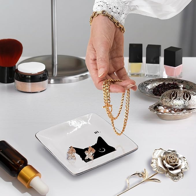 Black Cat Jewelry Dish - Ceramic Tray for Rings, Earrings & Cat Gifts