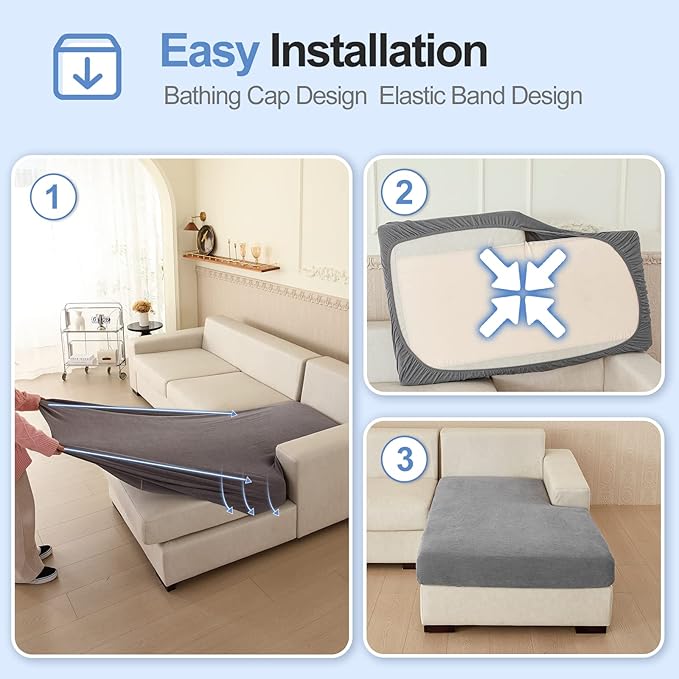 Large Chaise Cushion Cover, Non-Fuzzy Chenille Couch Covers with Clean Look for Sectional or L Shaped Sofa Chaise, Fits Left or Right Side, Durable Lounge Seat Protector (1 Piece, Grey)