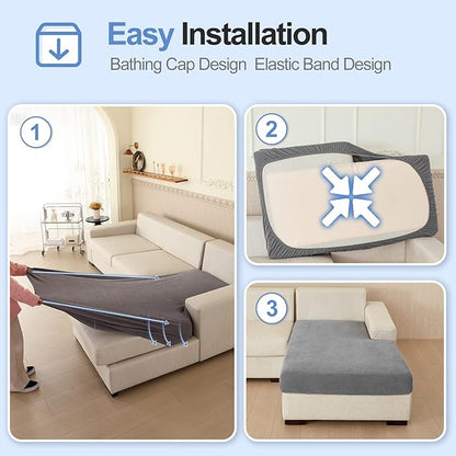 Large Chaise Cushion Cover, Non-Fuzzy Chenille Couch Covers with Clean Look for Sectional or L Shaped Sofa Chaise, Fits Left or Right Side, Durable Lounge Seat Protector (1 Piece, Grey)