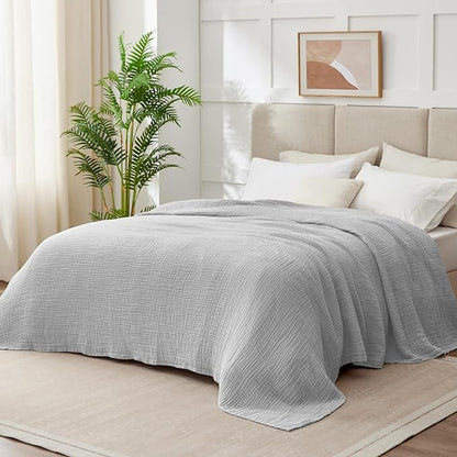 100% Cotton Muslin Blanket Large 50" x 70", Breathable and Lightweight Cotton Throw Blankets for Bed and Couch, Soft Cooling Summer Gauze Blanket for Adults All Season, Light Grey