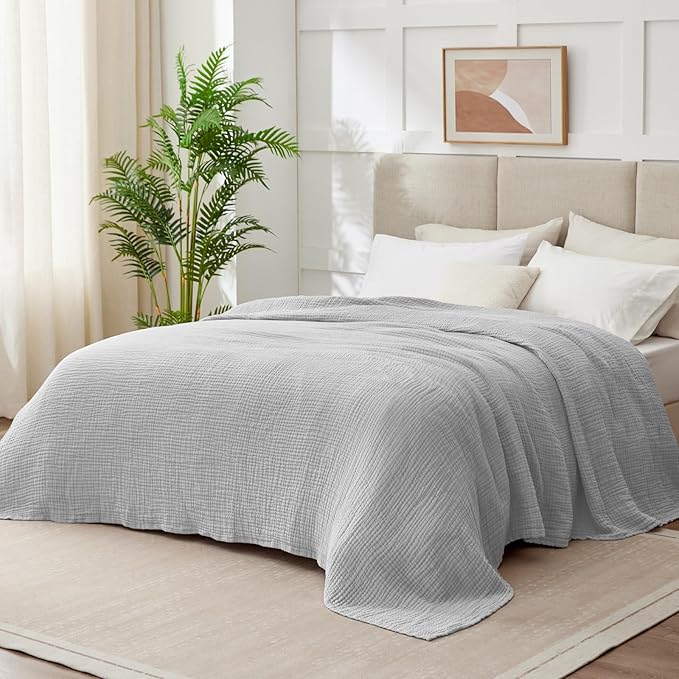 100% Cotton Muslin Blanket Queen 90" x 90", Breathable and Lightweight Cotton Throw Blanket for Bed, Soft Cooling Summer Gauze Blanket for Adults All Season, Light Grey