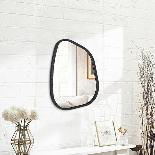 Irregular Wall Mirror Asymmetrical White Mirror Modern Wood Frame Unique Shape Wall Mounted Vanity Artistic Mirror Decor for Living Room Bedroom Bathroom Entryway Hallway 14"x10"