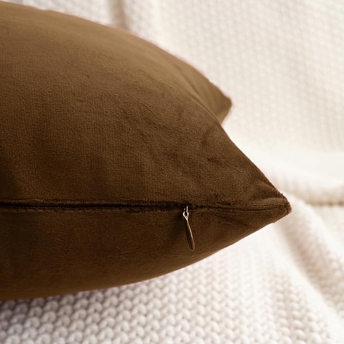 HWY 50 Coffee Velvet Throw Pillow Covers 18x18 Inch, Pack of 2 Soft Cozy Solid Decorative Luxury Cushion Cases for Couch Sofa Bed Living Room Bedroom