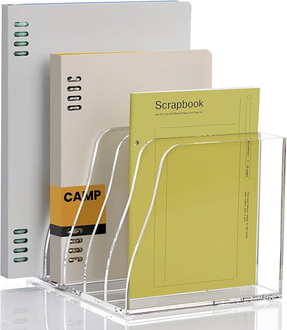 YUXUN Clear Acrylic File Folder Holder - 5 Vertical Compartments Desk Document Sorter, Upright Magazine Rack for Office/Home/Classroom, Stores Documents, Tablets, Magazines, Books & Accessories