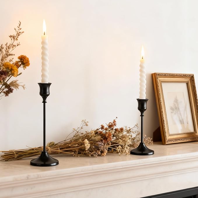 Taper Candle Holders, Tall Vintage Metal Candlestick Holders, 3 PCS Black Candle Sticks Holders for Home Decor Table Centerpiece Wedding Housewarming Festival, Black, 1 Set (3 pcs)