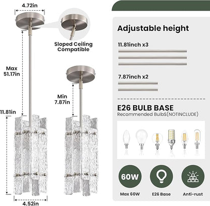 Modern Brushed Nickel Crystal Pendant Light for Kitchen Island, Luxury Mini Water Ripple Glass Chandelier Fixture, Square Adjustable Hanging Pendant Lighting for Dining Room Bedroom Hallway (1-Pack)