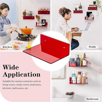 Sezanrpt 9 Inch Red Acrylic Small Wall Shelf, Home Wall Display Ledges for Storage, Room Décor, Space Saving, Items Organizer, 2 Pack