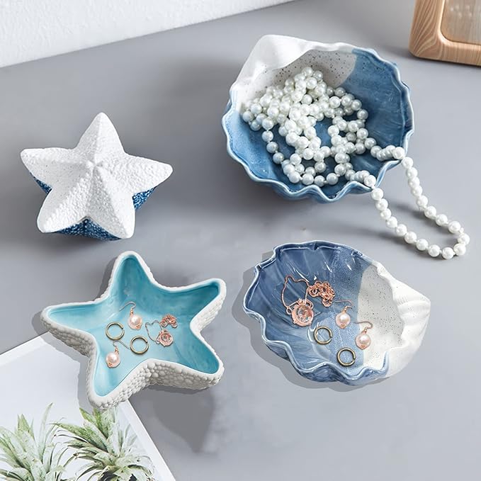 Shell Ring Holder for Jewelry, Ceramic Jewelry Tray, Candy Dishes Trinket Tray, Jewelry Tray Jewelry Plate Small Key Bowl for Entryway Table Birthday Home Party Decor (J STYLE)