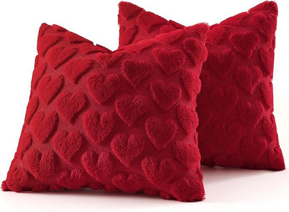 decorUhome Valentine’s Day Soft Plush Throw Pillow Covers 18x18 Inch Set of 2, Faux Fur Red Heart Decoration Neutral Square Pillow Covers for Couch Sofa Bed Cozy Farmhouse Holiday Decor