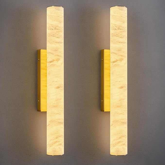 LMQNINE Natural Alabaster Wall Sconces Set of Two Spanish Marble Wall Light Cylinder Modern Gold LED Sconce for Living Room Bedroom Bathroo Stairs（M-2Pack）