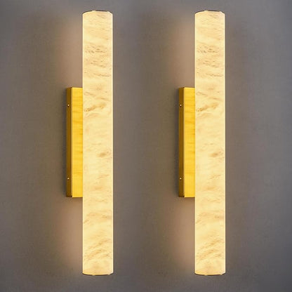 LMQNINE Natural Alabaster Wall Sconces Set of Two Spanish Marble Wall Light Cylinder Modern Gold LED Sconce for Living Room Bedroom Bathroo Stairs（M-2Pack）