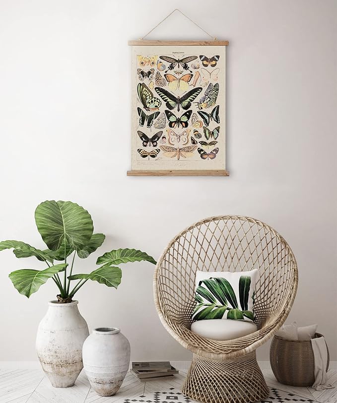 Vintage Butterflies Hanging Poster, Retro Style of Wall Art Prints, Printed on Linen with Wood Frames, Ready to Hang