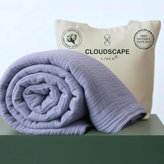 Luxury 100% Cotton Muslin Blanket King Size, 4 Layer Oversized 92x108 Fit Upto CaLKing Bed, Layering Winter Blankets for Bed, Soft Cotton Gauze Quilt, All Season Lavender Blue Bedding