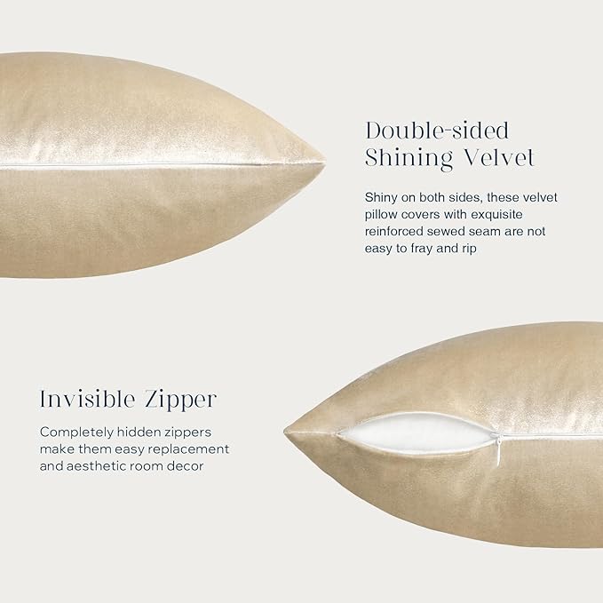 Phantoscope Pack of 2 Velvet Decorative Throw Pillow Covers Soft Solid Square Cushion Case for Couch Shiny Beige 12 x 20 inches 30 x 50 cm