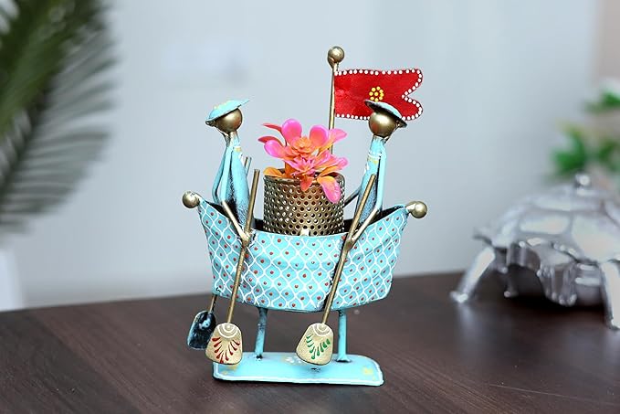 Handmade Metal Boat Pen Stand for Desk – Artistic Tribal Pen Holder Organizer for Office & Home Décor – Decorative Tabletop Accessory for Stationery Storage (Turquoise & Gold)