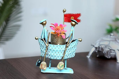 Handmade Metal Boat Pen Stand for Desk – Artistic Tribal Pen Holder Organizer for Office & Home Décor – Decorative Tabletop Accessory for Stationery Storage (Turquoise & Gold)