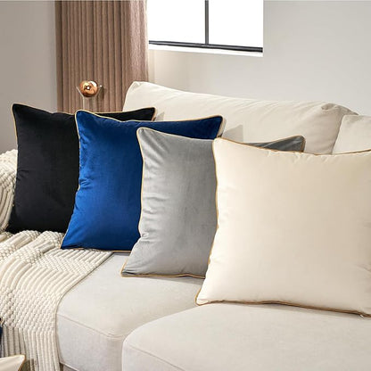 Aeckself Pack of 2 Navy Blue Velvet Pillow Covers 24 x 24 Inch, Large Modern Luxury Decorative Pillowcase with Gold Trim Edge, Comfortable Soft Solid Cushion Case for Couch Bedroom Living Room
