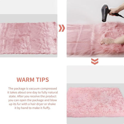 Ciicool Pink Fur Fluffy Rug, 2x4 ft Small Faux Fur Rugs for Bedroom, Washable Faux Sheepskin Carpet for Sofa Couch Seat Cushion, Thick Shaggy Furry Rugs Floor Carpets for Bedside Living Room