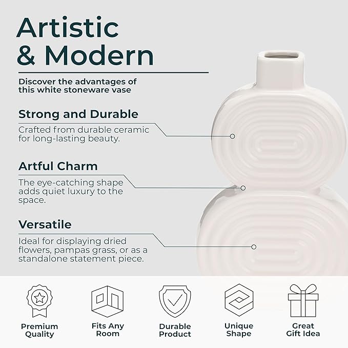 Decorative Flower Vase for Home Decor – Ceramic Modern Flower Vase with Stacked Design, Stylish Table Centerpiece for Living Room or Entry Display - Boho for Faux Flowers and Greenery – 10", White