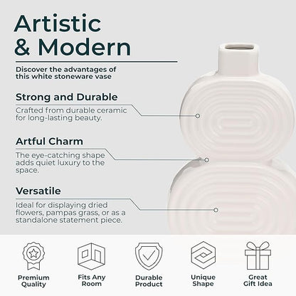 Decorative Flower Vase for Home Decor – Ceramic Modern Flower Vase with Stacked Design, Stylish Table Centerpiece for Living Room or Entry Display - Boho for Faux Flowers and Greenery – 10", White