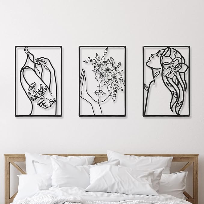 CHENGU 3 Pieces Metal Minimalist Abstract Woman Wall Art Line Drawing Wall Art Decor Single Line Female Home Hanging for Kitchen Bathroom Living Room