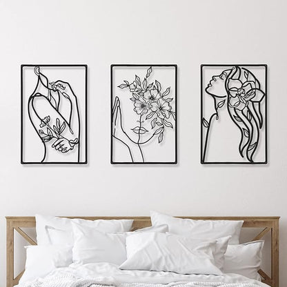 CHENGU 3 Pieces Metal Minimalist Abstract Woman Wall Art Line Drawing Wall Art Decor Single Line Female Home Hanging for Kitchen Bathroom Living Room