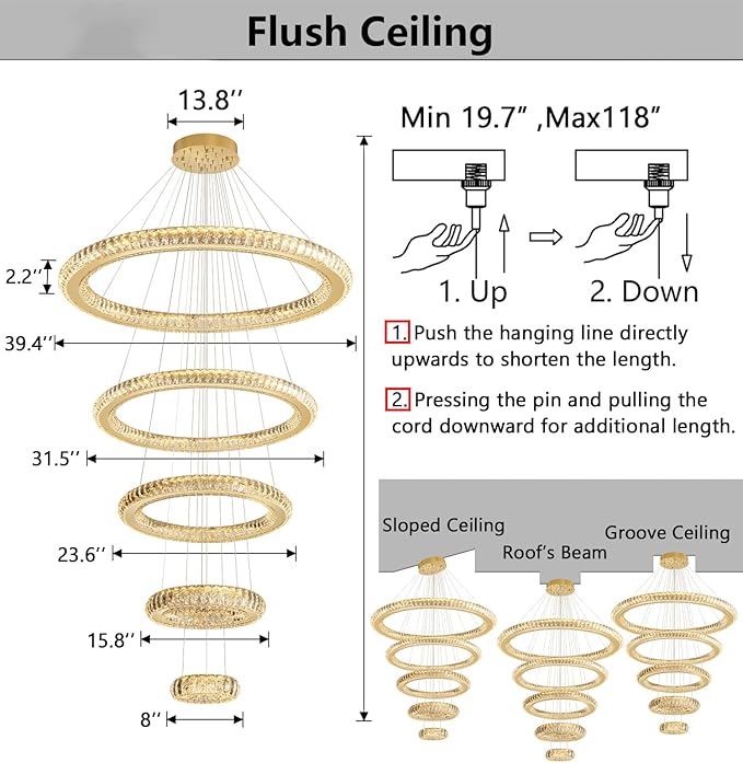Modern Chandelier 8"+16"+24"+32"+40" 5 Rings Crystal LED Dimmable Lighting Foyer Entryway High Ceiling Living Room Chanderliers Pendant Lights Fixtures Gold Light