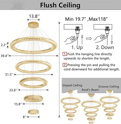 Modern Chandelier 8"+16"+24"+32"+40" 5 Rings Crystal LED Dimmable Lighting Foyer Entryway High Ceiling Living Room Chanderliers Pendant Lights Fixtures Gold Light