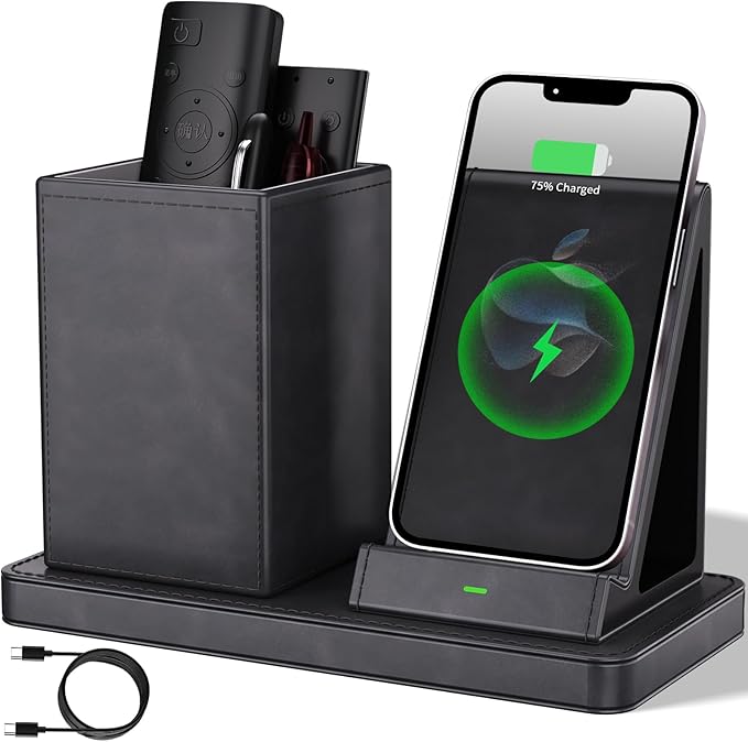 Multi-Functional Pencil Holder for Desk,Gray Vegan Leather Organizers with Remote Control Holder,Pencil Holder,Desk Organizer with Phone Wireless Charger for Office/Nightstand/Endtable