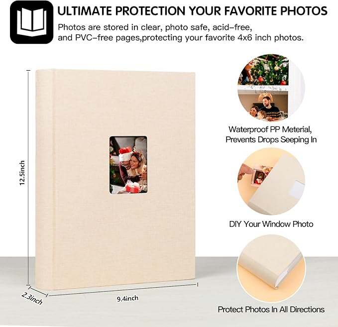 XFveiwoo Photo Album 4x6 450 Photos with Writing Space,4 x 6 Photo Book Linen Cover with Front Window, 4x6 Picture Album 450 Photos Photo Album Book for Wedding Kids Travel Family Baby Pictures, Beige